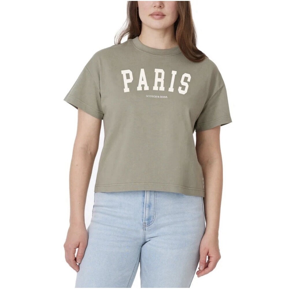 SCOTCH & SODA Amsterdam Paris Graphic Boxy Crop T-Shirt Olive Green Large EUC